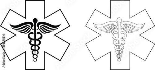 Medical snake and caduceus star of life icons set with pharmacy and healthcare symbols in flat and line style, isolated on transparent background, medical icon collection group