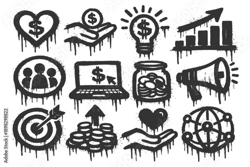 Grunge financial icons: money, growth, marketing, and global networking symbols.