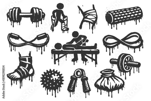 Fitness and rehabilitation symbols: exercise equipment and therapy tools.