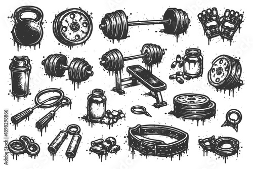 Vintage gym equipment illustration with dumbbells, kettlebell, weight plates, and accessories.