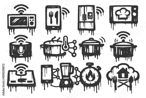 Grunge-style smart home appliance icons with wifi connectivity.