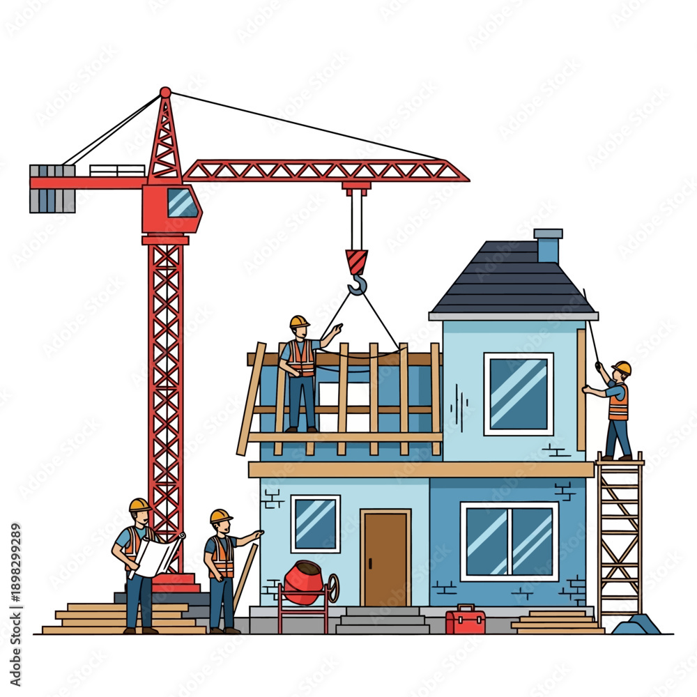 Obraz premium Construction workers building a house with a crane and cement mixer