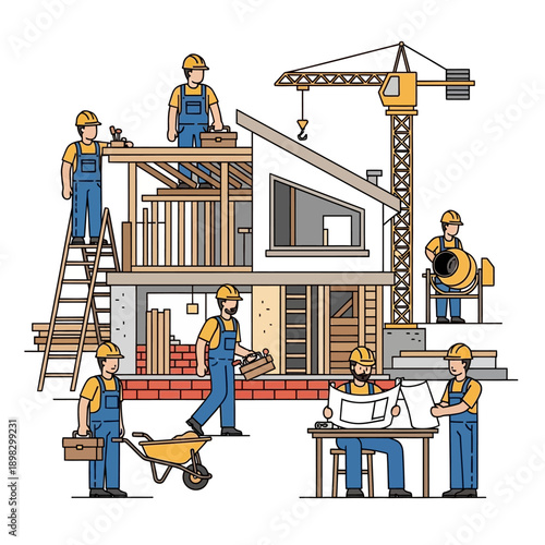 Construction site with workers building a house using crane and tools, blueprint