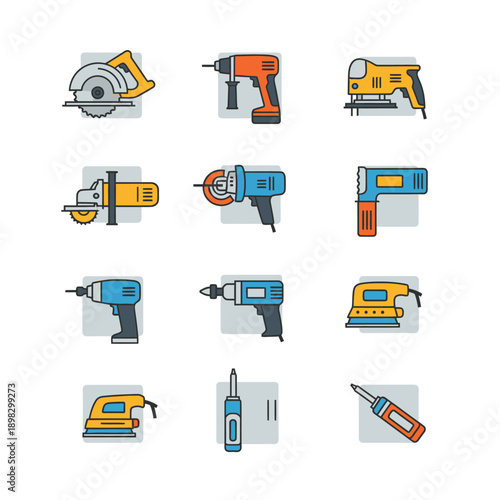 Collection of Power Tools Icons: Circular Saw, Drills, Sander, Jigsaw, Grinder