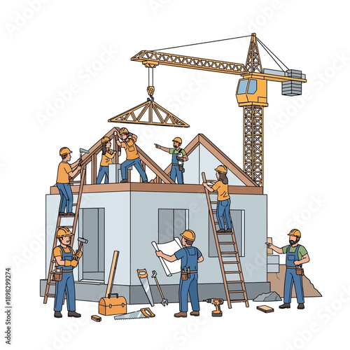 Construction workers building house roof with crane and blueprints on white background