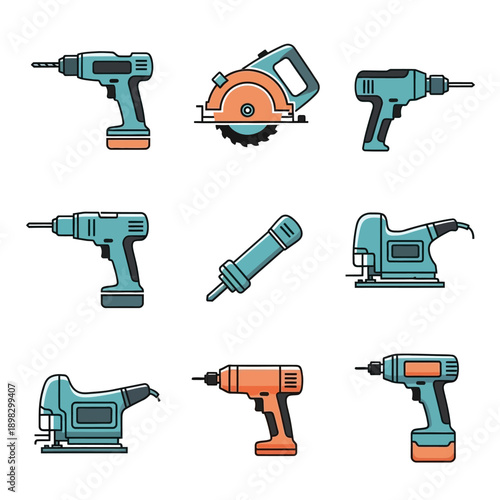 Collection of Power Tools: Drills, Saw, Sander, Caulk Gun - Flat Design Icons