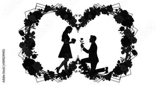 Silhouette of a couple under a heart-shaped floral wreath