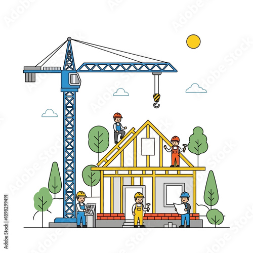Construction workers building house with crane and tools, flat design