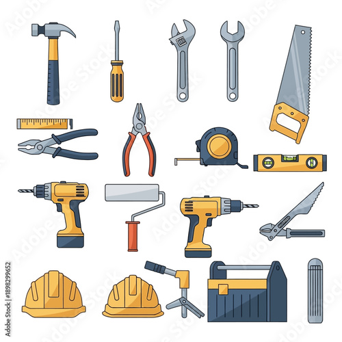 Construction Tools Collection: Hammer, Drills, Saw, Wrench, Screwdriver, Safety Helmets, Toolbox