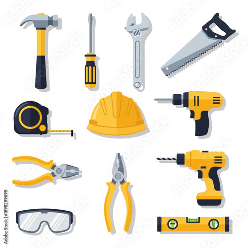 Construction Tools Set - Hammer, Screwdriver, Wrench, Drill, Saw, Pliers, Safety Glasses