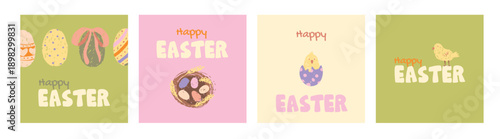 Set of cute easter greeting cards with hand drawn eggs and chick, pastel spring illustrations