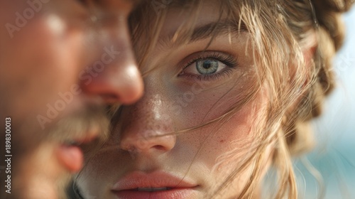 Intimate close-up portrait of a young woman near the sea, natural freckles, soft focus and calm summer atmosphere.