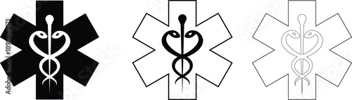 Medical snake and caduceus star of life icons set with pharmacy and healthcare symbols in flat and line style, isolated on transparent background, medical icon collection group