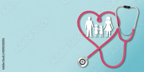 Pink stethoscope forming a heart shape with a paper cut family silhouette inside on a light blue background