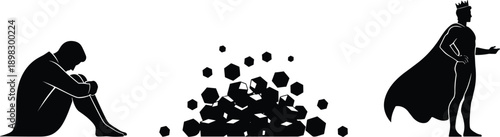 Conceptual silhouette set featuring a sad person, a pile of hexagonal blocks, and a triumphant king representing emotional transformation and success.