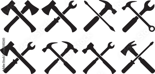 Crossed axes hammers wrenches and screwdrivers black silhouettes