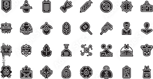 Set of 30 black and white industrial icons, including gears, tools, and machinery parts, for website, banner, or presentation, isolated on transparent background, png