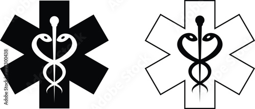 Medical snake and caduceus star of life icons set with pharmacy and healthcare symbols in flat and line style, isolated on transparent background, medical icon collection group