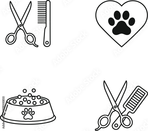 Pet grooming and care icon set featuring scissors, combs, a food bowl, and a heart with a paw print for veterinary services.