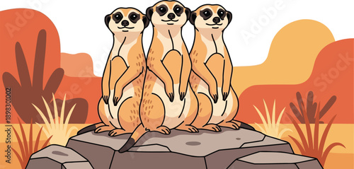 Three cute meerkats standing on rock vector illustration wildlife nature