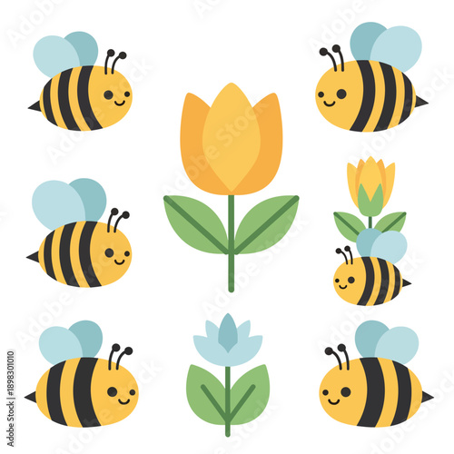 Happy Bees Around Tulips