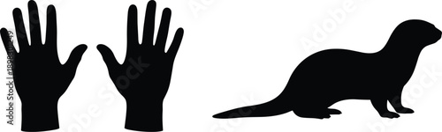 Silhouette set featuring open human palms and a minimalist profile of a small mammal like an otter or mongoose.