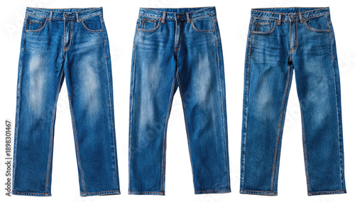 Three pairs of denim jeans, front view, varying shades of blue, displayed against a black background