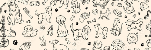 Dog doodle seamless pattern, hand drawn pet shop repeat texture, cute whimsical animal line print. Cartoon playful veterinary banner background, funny animal, puppy breeds. Cute dog pattern wallpaper