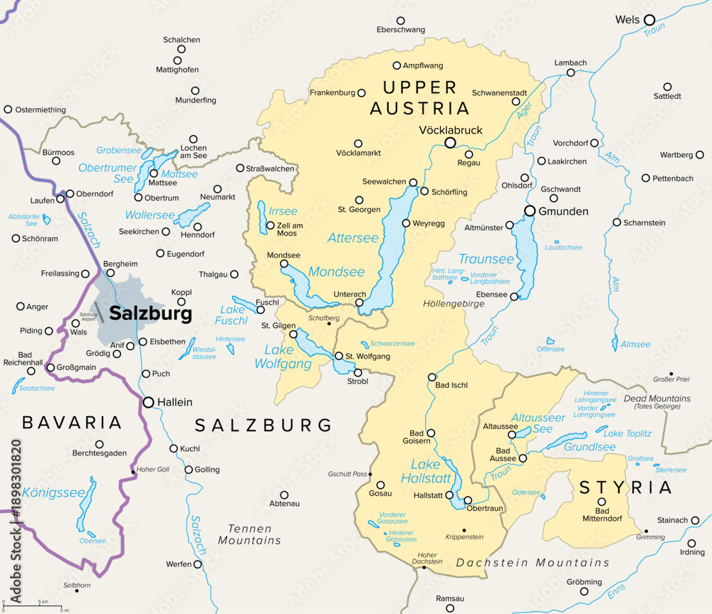 Obraz premium Salzkammergut region, a resort area in Austria, Europe, political map. Stretching from the city of Salzburg eastwards to Dachstein Mountains, featuring iconic Sound of Music filming locations. Vector