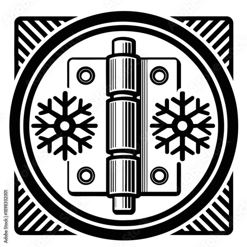 A black and white vector graphic of a hinge with snowflakes