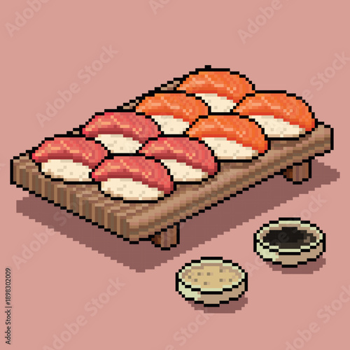 Pixel art nigiri sushi platter with salmon and tuna on wooden board in 8-bit retro style. vector illustration of traditional japanese nigiri set featuring raw fish atop rice with soy and sesame sauce