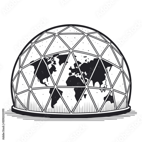 A black and white vector graphic illustration of a geodesic dome globe