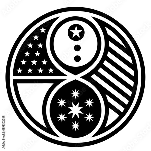 A black and white vector graphic of a circular emblem with stars and stripes