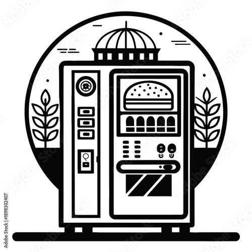A black and white vector illustration of a vending machine with a dome on top