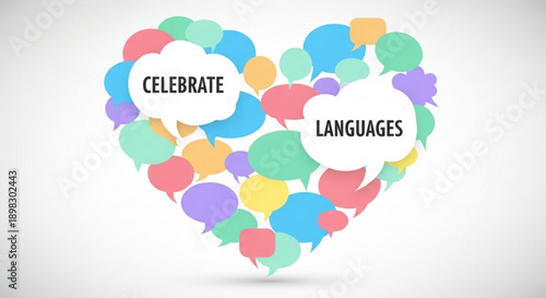 A vibrant heart-shaped collage of colorful speech bubbles celebrating languages and diversity from a centered viewpoint featuring illustrations