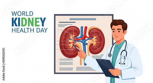 Doctor explaining kidney health to patient on World Kidney Health Day with anatomical diagram
