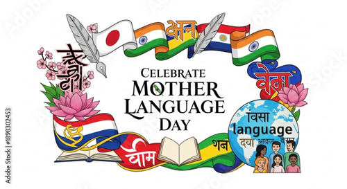 International Mother Language Day celebration with global flags and linguistic diversity