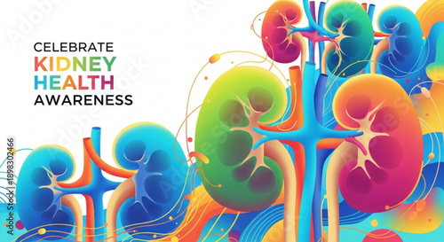Colorful illustration of human kidneys and urinary system celebrating kidney health awareness from a front view
