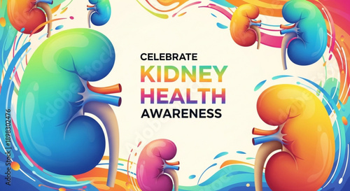 Vibrant illustration of kidneys in various colors promoting kidney health awareness from a frontal viewpoint