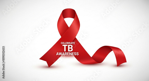 A red ribbon symbolizing tuberculosis awareness on a plain surface from a straightforward view