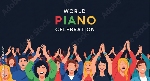 Diverse group of people celebrating World Piano Day with raised hands in joyful festive atmosphere