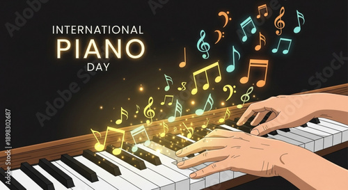Hands playing piano keys with floating music notes celebrating International Piano Day in a dark background
