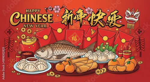 Vibrant Chinese New Year Celebration with Traditional Food and Decorations