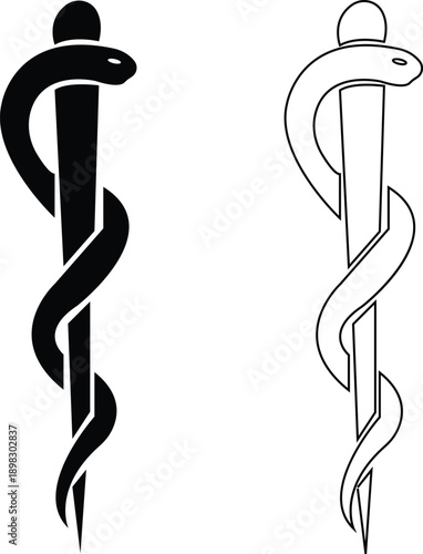 Medical snake and caduceus star of life icons set with pharmacy and healthcare symbols in flat and line style, isolated on transparent background, medical icon collection group