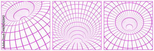 Photos abstract digital art of three magenta grid patterns forming mesmerizing tunnels and vortexes on a transparent background