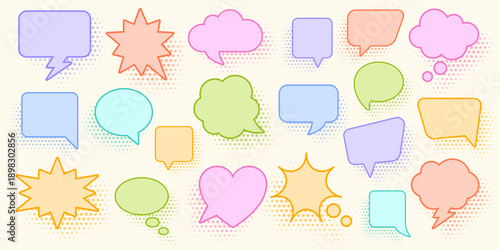 Vibrant collection of colorful comic book style speech bubbles  and starbursts with an halftone shadow on a pastel light background
