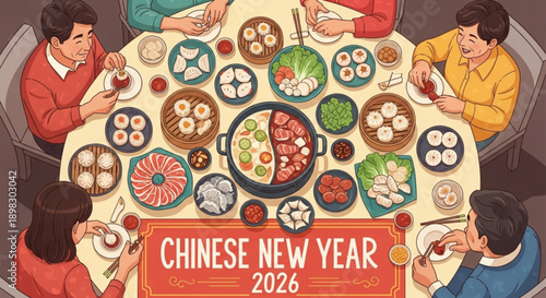 A vibrant gathering around a table filled with various dishes and a banner celebrating the Chinese New Year 2026 from an overhead viewpoint