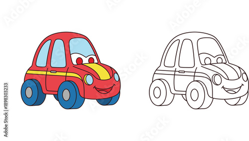 Cute cartoon red car character. Vector illustration of a funny toy vehicle. Coloring book page design with colored example and black and white outline for kids activity.