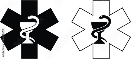 Medical snake and caduceus star of life icons set with pharmacy and healthcare symbols in flat and line style, isolated on transparent background, medical icon collection group