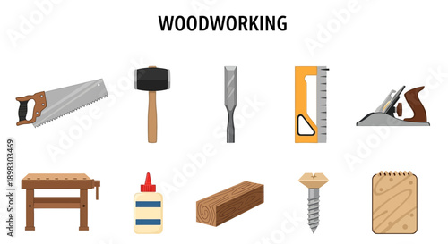 An illustration displaying ten distinct woodworking tools and materials on a white background